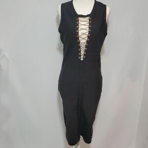 French Kyss Black Bodycon Midi Dress Plunge Neckline NWOT